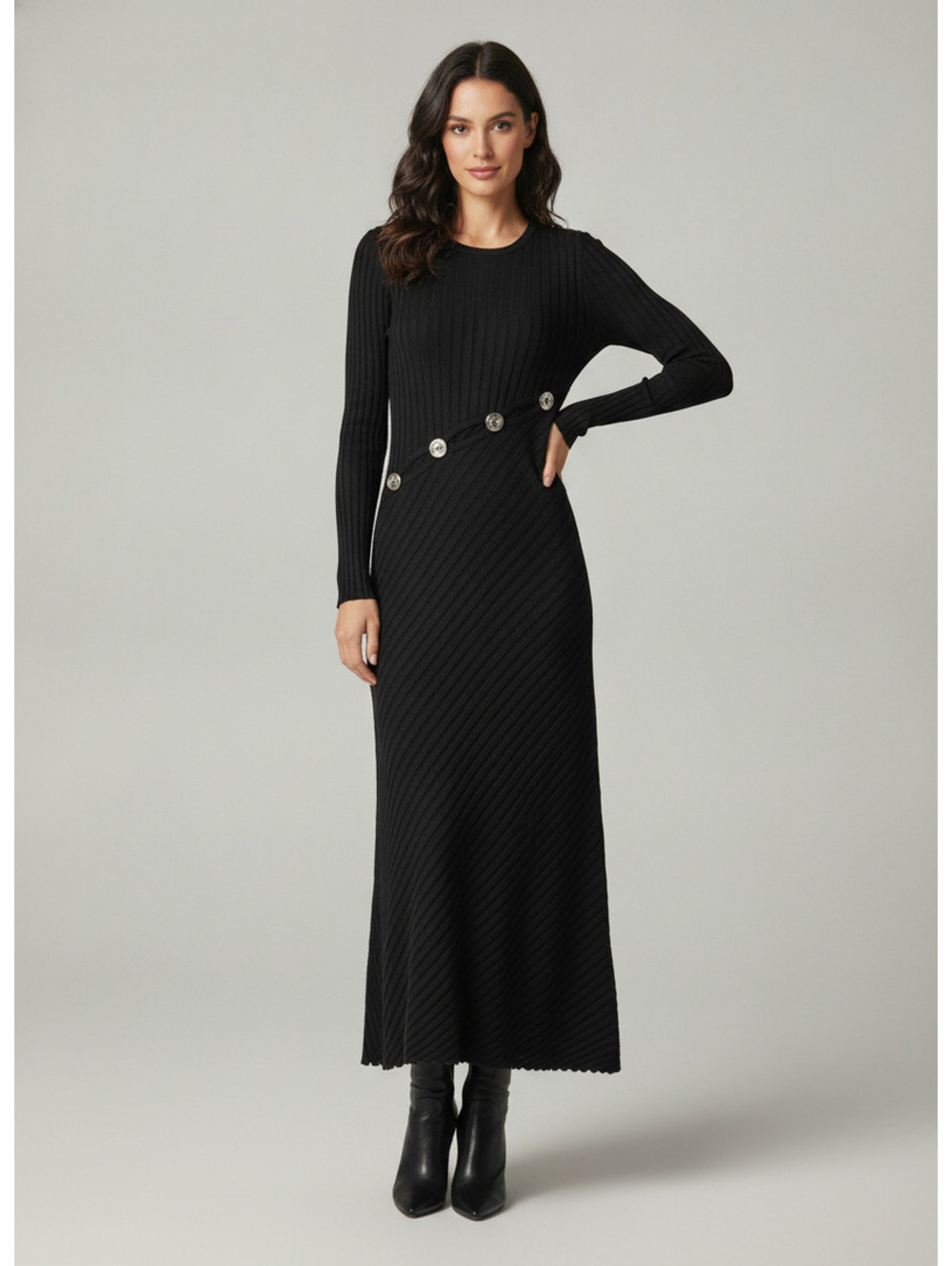 Simon Miller Black Ribbed Long Sleeve Maxi Dress with Silver